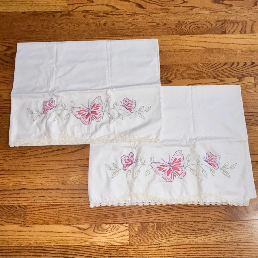 Vintage hand embroidered pillowcases set of 2 butterfly and flowers